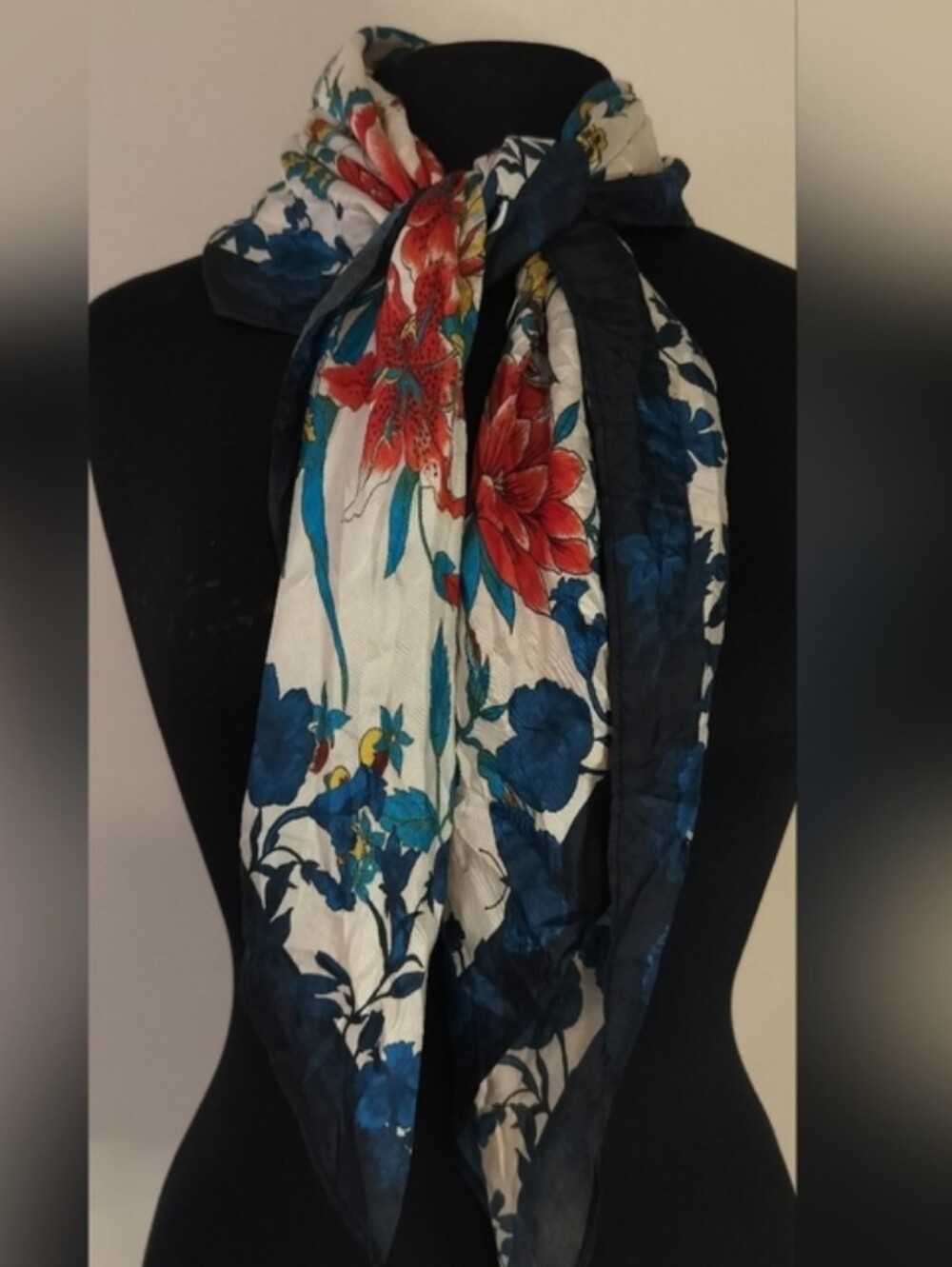 Johnny Was Floral Silk Scarf in Navy, White & Red